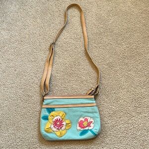 Blue canvas, Relic crossbody bag with leather decorative flower appliqués